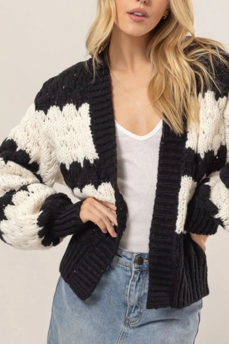 HYFVE Scallop Striped Open Front Long Sleeve Sweater Cardigan - Love Salve